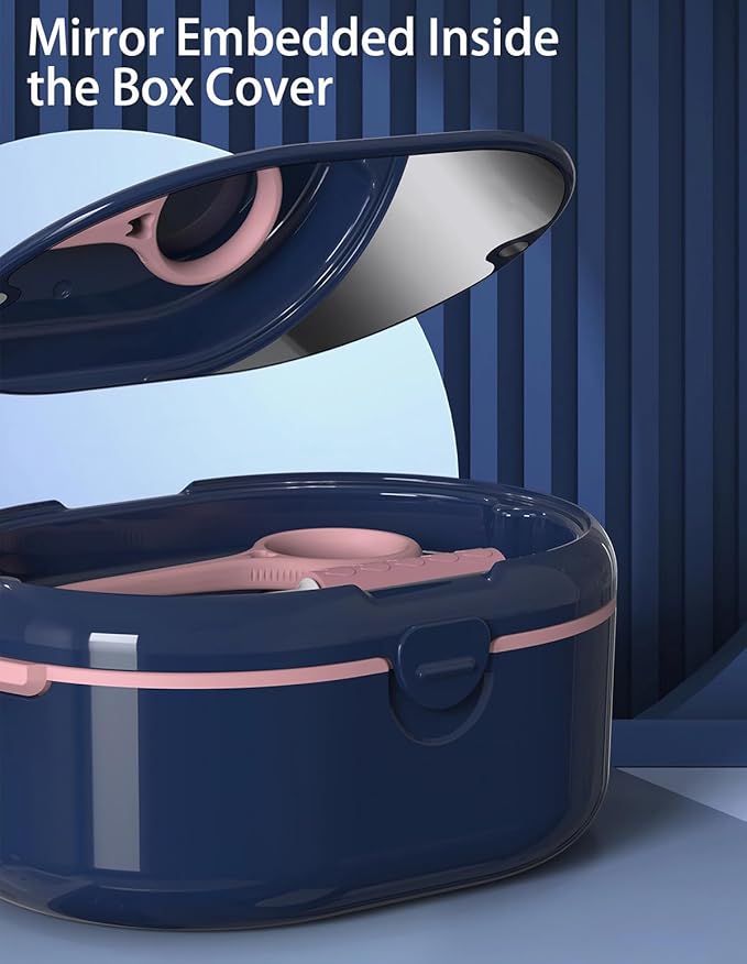 MURRI&MURRDI Retainer Case, Denture Bath Box with Strainer Basket, Mouth Guard Case, Braces Cleaner Cup, Cute Denture Holder Retainer Storage Soak Container for Travel (D Dark Blue)