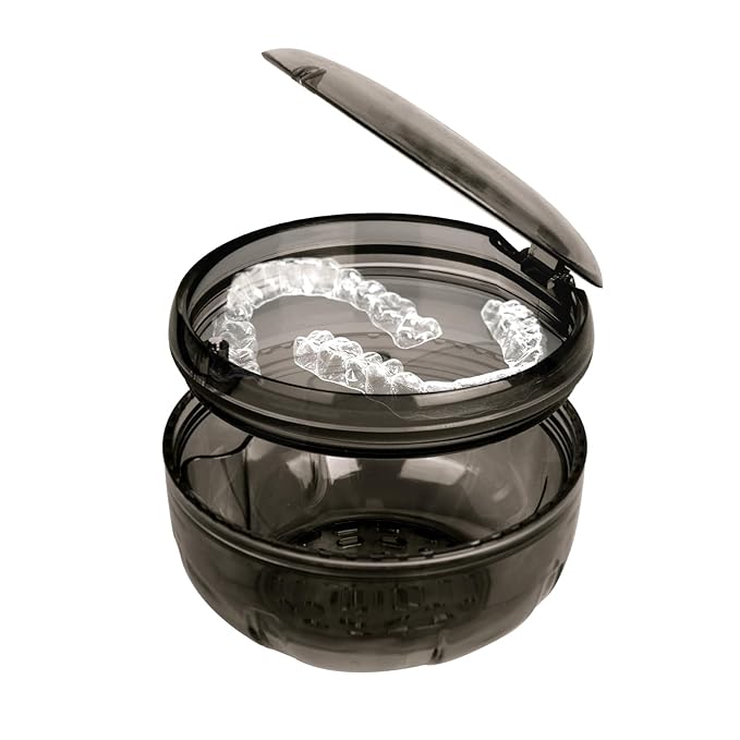 Retainer Cleaner Case,Double Layer No-Leak Denture Cup for Soaking Dentures, Denture Bath for Invisalign Aligner,Retainers,Mouth Guard,Night Guard (Black)