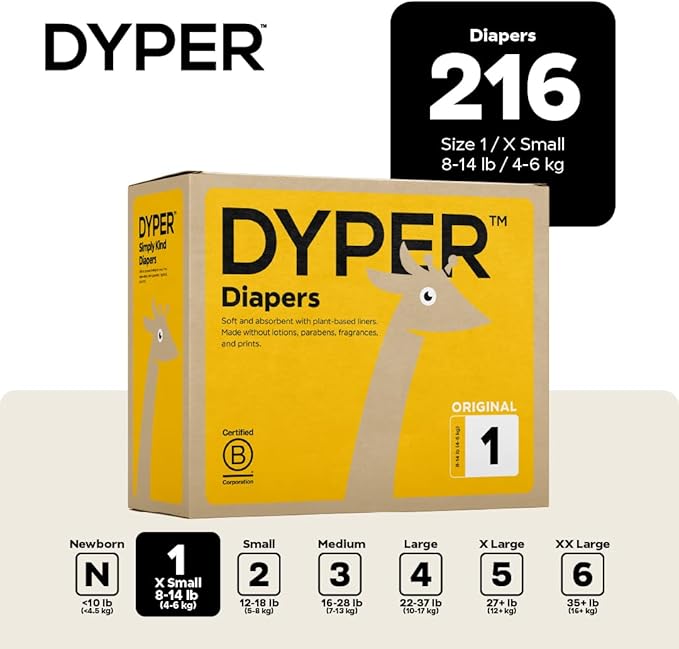 DYPER Baby Diapers Size 1 (216 Count) – Plant-Based, Hypoallergenic, Fragrance Free & Ultra Absorbent Disposable Diapers for Day and Overnight Skin Protection, Monthly Pack Size 1 Diapers