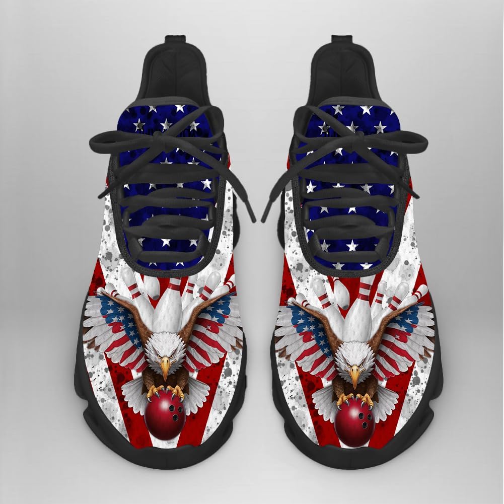 3D Printed Sports Shoes with Bowling-Themed Pattern, Eagle Flag Custom Shoes for Bowler and Bowling Team