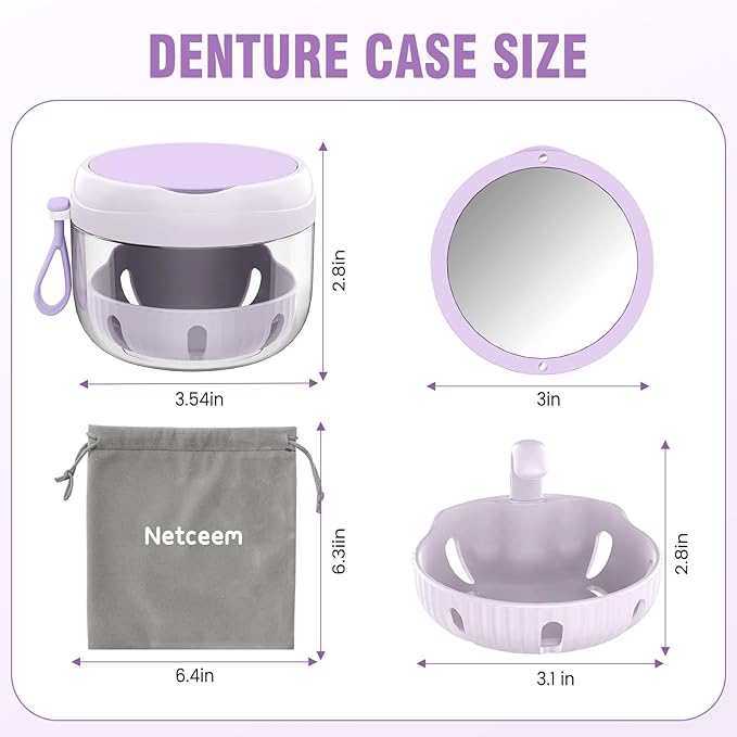 Denture Bath Box Cup, Leak Proof Denture Cup Kit Portable Retainer Case for Travel, Denture Case Cleaning Care for Dentures Aligner Mouth Guard with Denture Brush,Strainer, Removal Tool and Mirror