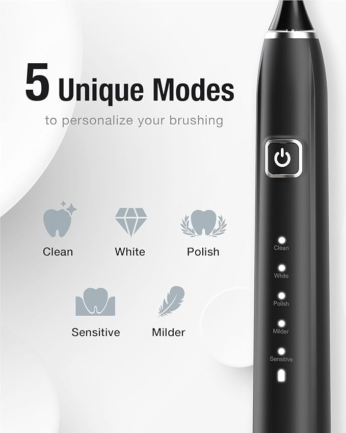 7AM2M Sonic Electric Toothbrush with 6 Brush Heads for Adults&Kids, One Charge for 120 Days, Wireless Fast Charge, 5 Modes, 40000VPM Powered Toothbrush, 2 Minutes Built in Smart Timer (Black)