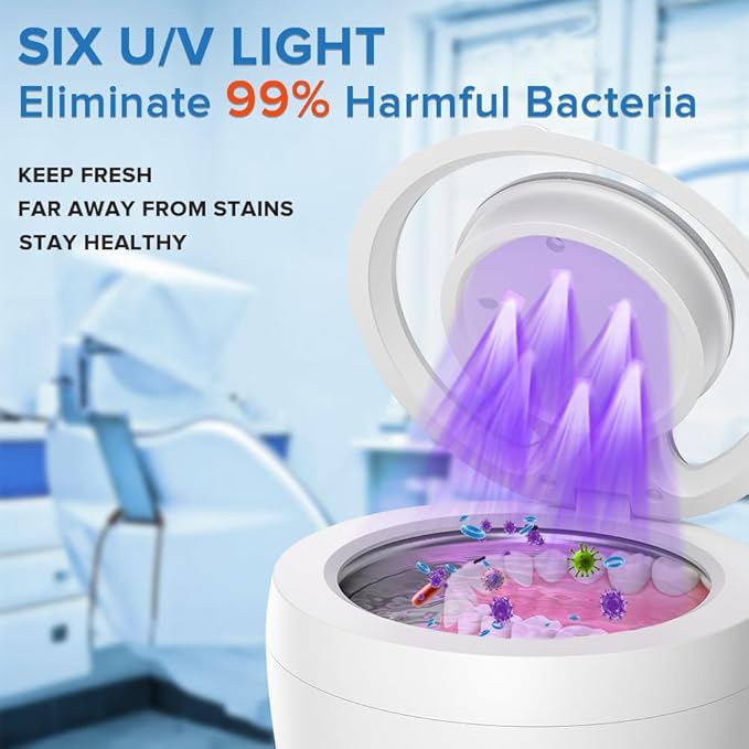 Ultrasonic Retainer Cleaner 45kHz Dental Cleaning Machine With 6 U/V Lights Adjustable Buzzer Alarm 200ML Capacity White