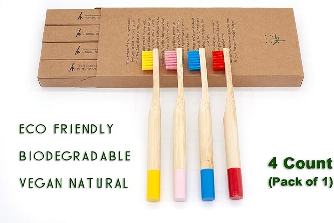 Virgin Forest Kids Bamboo Toothbrushes, Child Size Soft BPA Free Colored Safe Bristles (4 Pack)