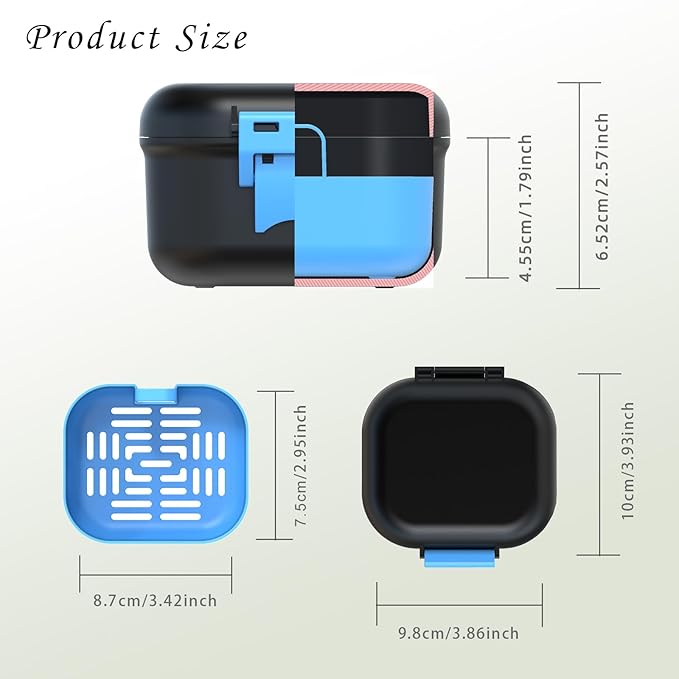 BVN Leak-Proof Denture Case, Denture Cup for Soaking Dentures, Retainer Cleaning Case Black and Bule Dent