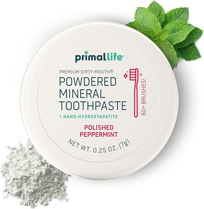Primal Life Organics - Dirty Mouth Toothpowder, Tooth Cleaning Powder, Flavored Essential Oils with Natural Kaolin & Bentonite Clay, Good for 200+ Brushings, Organic, Vegan (Peppermint, 0.25 oz)