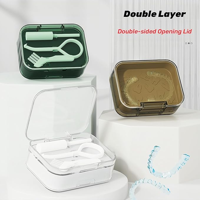 Retainer and Aligner Case - Double Layer with Double Sided Opening Lid, Mouthguard & Night Guard Storage Cleaning Case, with Removal Tool, Brush and Chewer (Brown)