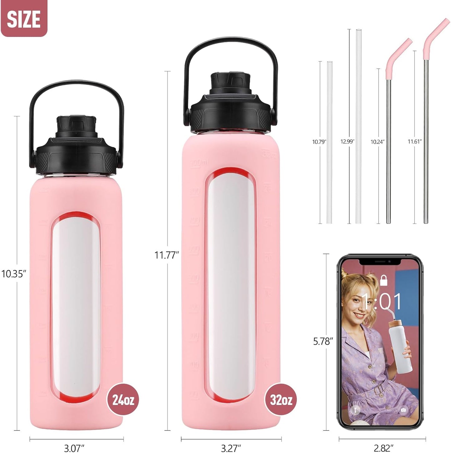 Kodrine Water Bottle with Straw, 24 oz Glass water Bottle with 2 Lids Bamboo Straw Lid and Spout Lid with Handle, 32 oz Clear Water Bottle Glass for Sports Travel, Waterbottle with Time Marker