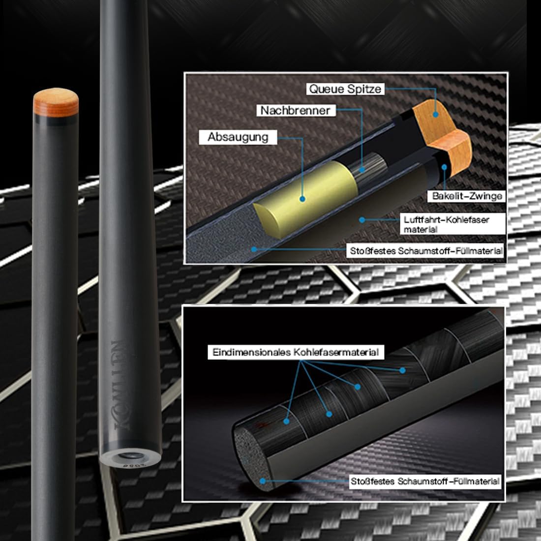 KONLLEN Carbon Fiber Pool Cue Stick Low Deflection Hand-Made Inlay Billiard Cue Ultra-Smooth Professional Feeling Billiard Pool Cue Sticks for Adults