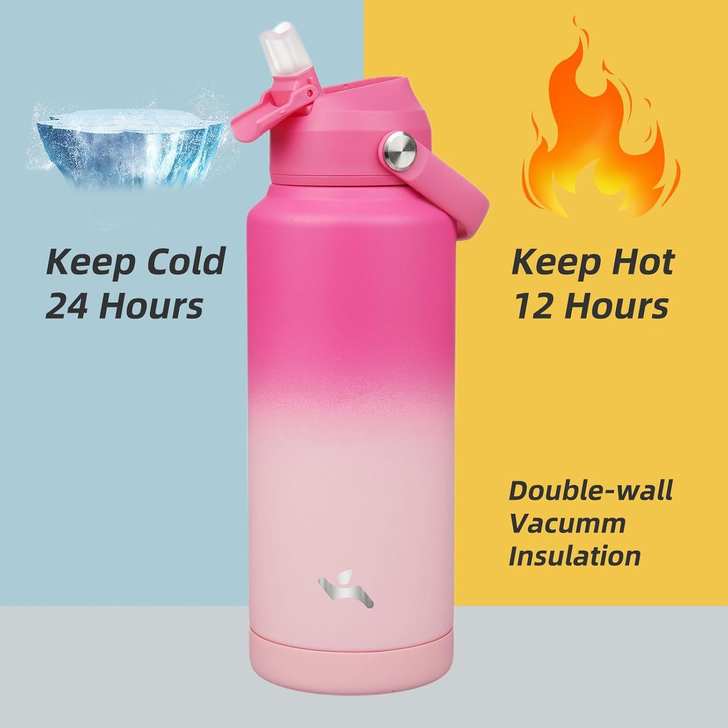 Insulated Water Bottle with Straw Lid,32 oz Stainless Steel Vacuum Metal Bottle with Silicone Handle,Cherry Blossom