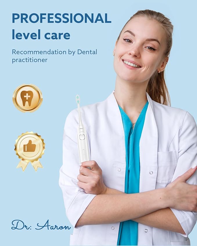 Electric Toothbrush for Adults and Kids Rechargeable Sonic Toothbrush with 5 Modes 2-Min Smart Timer IPX7 Waterproof 40,000 VPM Motor with 8 Brush Heads & Travel Case (White, 1Pack)