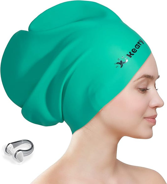 Keary Extra Large Swim Cap for Braids and Dreadlocks Extensions Weaves Long Hair, Waterproof Silicone Cover Ear Bath Pool Shower Swimming Cap for Adult Youth to Keep Hair Dry, Easy to Put On and Off