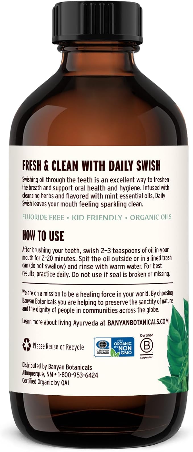 Banyan Botanicals Mint Daily Swish – Organic Ayurvedic Pulling Oil with Coconut Oil – Mouthwash for Fresh Breath and Sparkling Oral Health* – 8 oz – Non GMO Sustainably Sourced Vegan