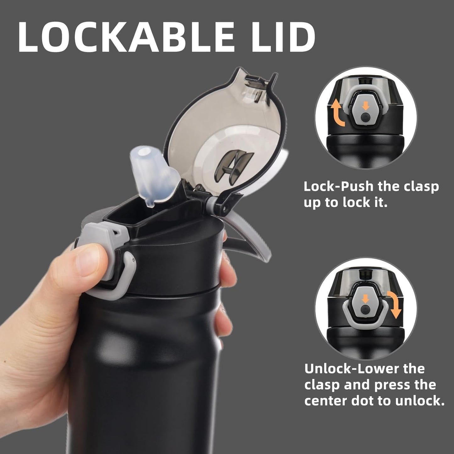 Insulated Water Bottle with Straw and Carry Loop,18 oz Stainless Steel Double Wall Vaccum Metal Water Flask with Leak-proof Lid,Black