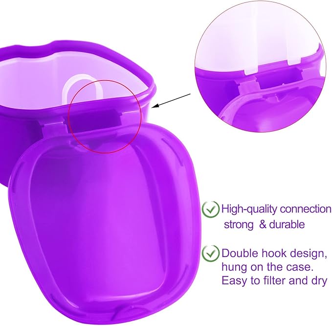 Colorful Denture Bath Case with Brush, Denture Cup Soaking Holder False Teeth Container Mouth Guard Storage Case Cleaning with Lid Waterproof - Purple