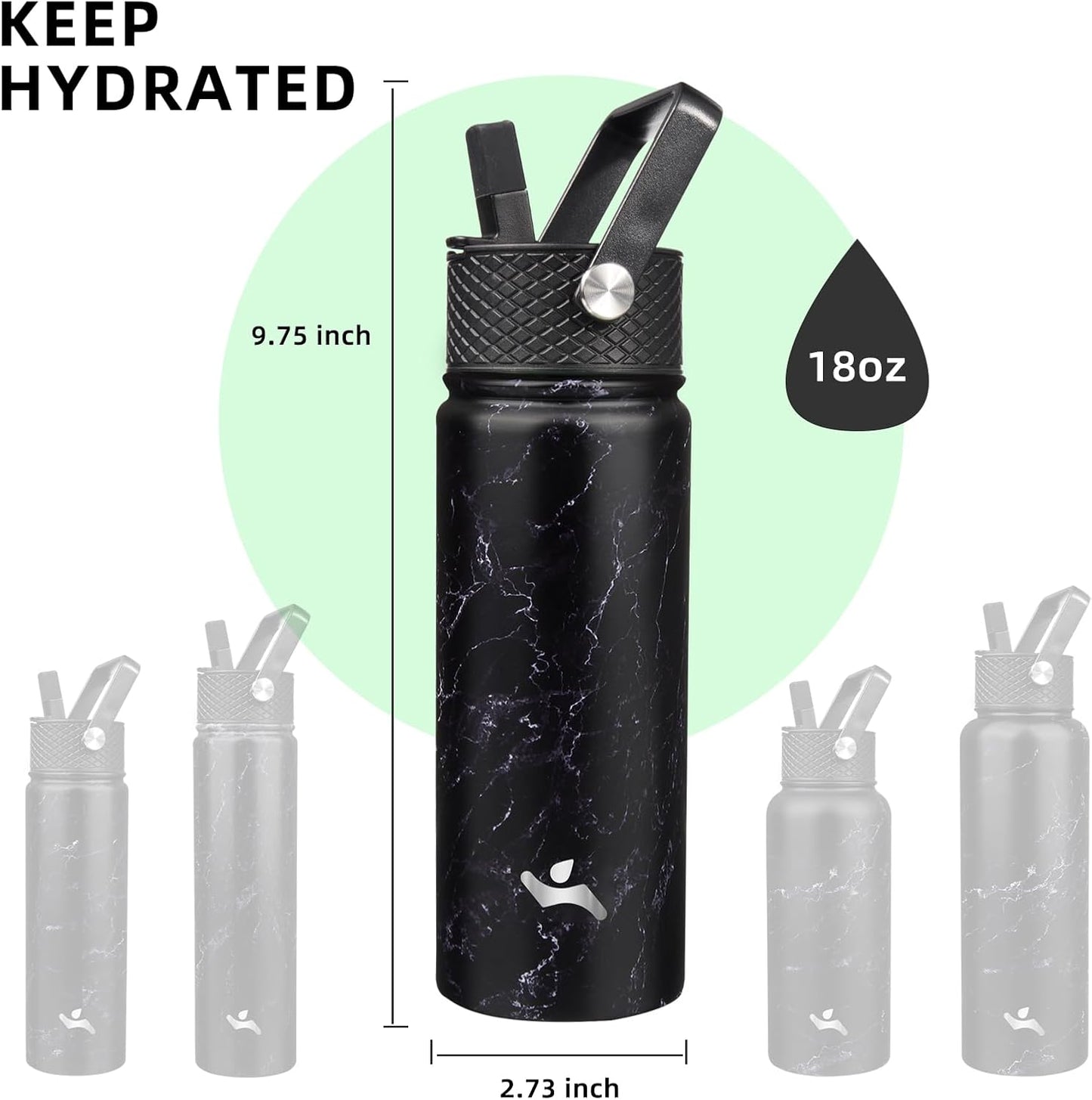 18 oz Insulated Water Bottle Stainless Steel Sport Bottles with 3 Lids,Marble Midnight