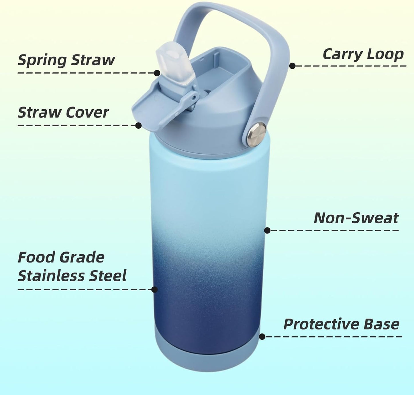 Insulated Water Bottle with Straw Lid,18 oz Stainless Steel Vacuum Metal Bottle with Silicone Handle,Sky