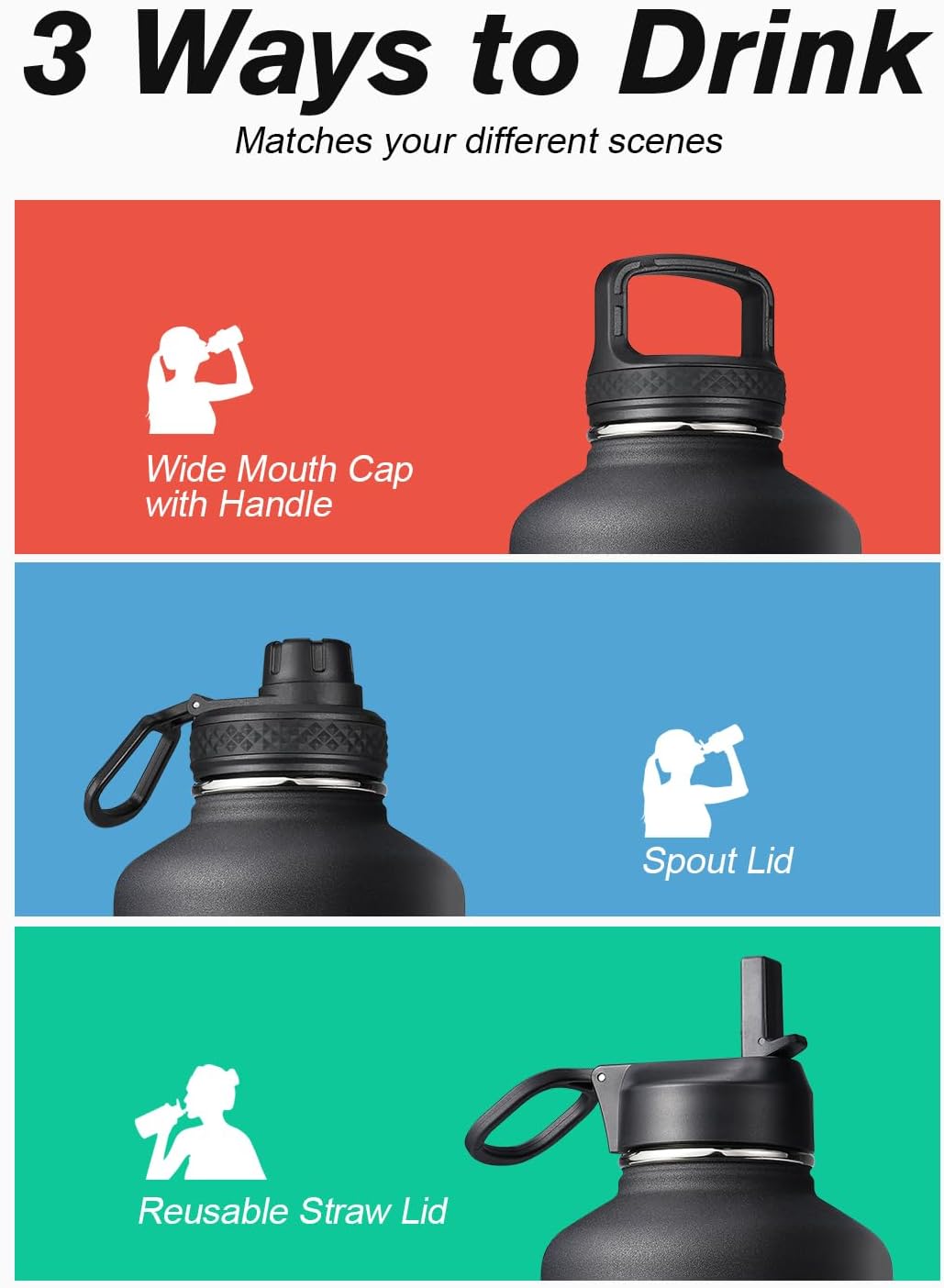 64 oz Water Bottle Insulated with Straw & 3 Lids, Coolflask Large Metal Stainless Steel Water Jug Big Half Gallon Wide Mouth for Sports, Gym or Office, Non-BPA Keep Cold 48H Hot 24H, Magic Black