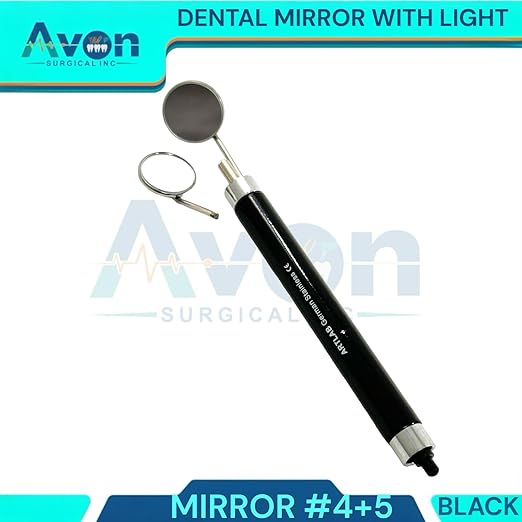 1 Each - Examination Dental Mouth Mirror Handle with Mirror Heads No. 4 + No. 5 (Black Handle) Mouth Mirror with Light