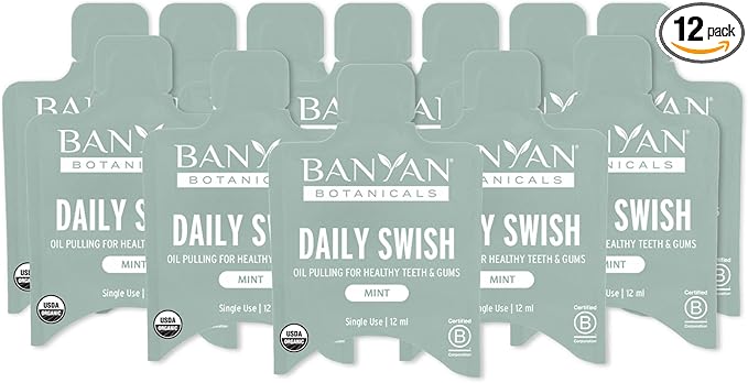 Banyan Botanicals Organic Daily Swish Mint Travel Packets - 12 ct - Ayurvedic Oil Pulling Mouthwash Oil for Oral Health - Coconut Oil Blend for Teeth and Gums