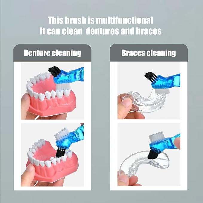 4 Pieces Mini Denture Cleaning Brush Set with Multi-Layered Bristles with Aligner Removal Tool Portable Denture Double Sided Brush for False Teeth Cleaning Easy to Carry 4 Color