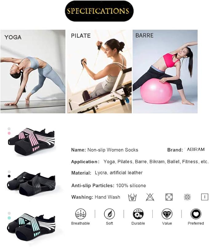 ABIRAM Yoga Socks Toeless Non-Slip Grips & Straps, for Pilates, Barre, Ballet, Bikram, Workout for Women
