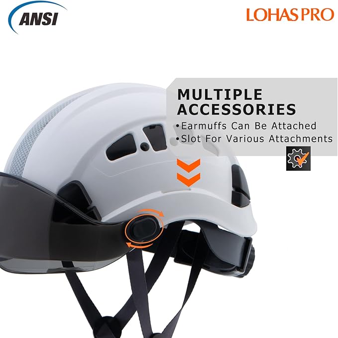 LOHASPRO Hard Hats Construction Safety Helmet with Visor ANSI Z89.1 Approved OSHA Hardhat, Vented Men White Hard Hat with Chin Strap Tree Climbing Arborist Helmet (P1 White+Smoked Visor)