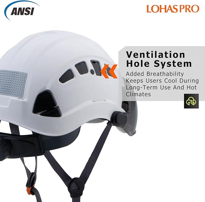 LOHASPRO Hard Hats Construction Safety Helmet with Visor ANSI Z89.1 Approved OSHA Hardhat, Vented Men White Hard Hat with Chin Strap Tree Climbing Arborist Helmet (P1 White+Smoked Visor)