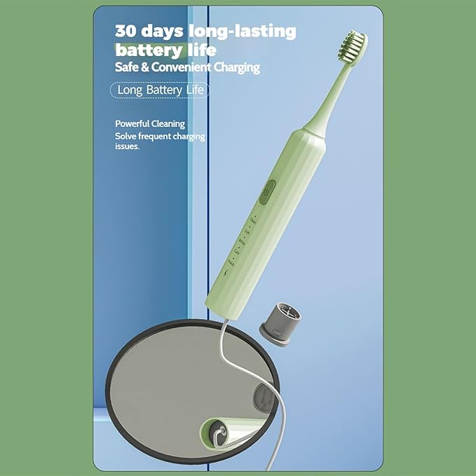 Electric Toothbrush for Adults, 5 Modes USB Rechargeable with 2 Extra Brush Heads, 66000 RPM Sonic Toothbrush with 2-Minute Timer, IPX7 Waterproof, Soft Bristles (Green)