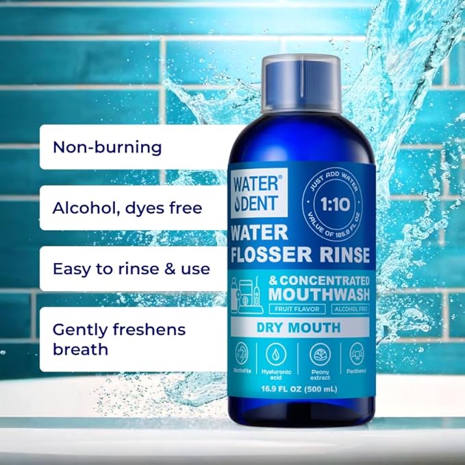 Concentrated Irrigant and mouthwash Dry Mouth | Add to Water Flossers | Fruit Flavor | When dilluted 16.9 fl.oz = 186 fl.oz | Alcohol Free, Fluoride Free. Made in USA (Non-Medical) WATER DENT