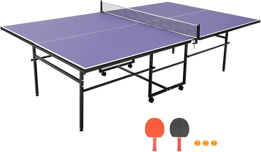 9FT Portable Ping Pong Table,Professional Indoor/Outdoor Table Tennis Tables with Net for Adults/Teens, 2 Tennis Paddles and 3 Balls, Easy Assembly,Single Player Playback Mode