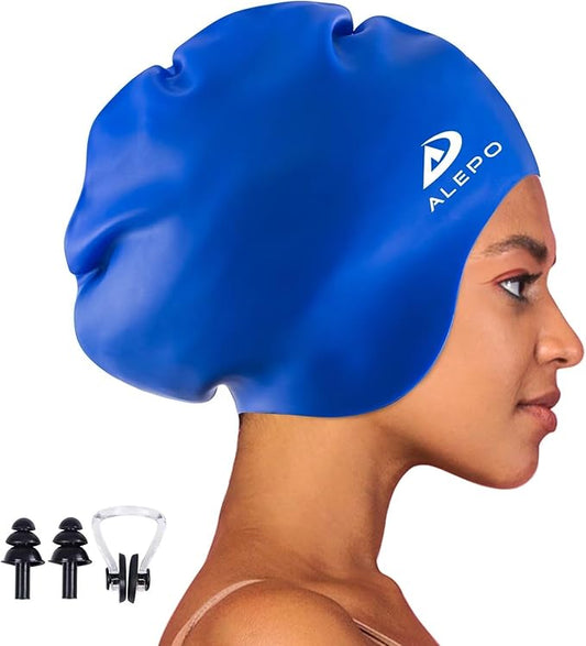 Alepo Extra Large Swim Cap for Women Men, Durable Silicone Swimming Hat with Ear Protection, Unisex Adults Bath Swimming Caps for Long Thick Curly Hair & Dreadlocks Braids Weaves Afro Hair