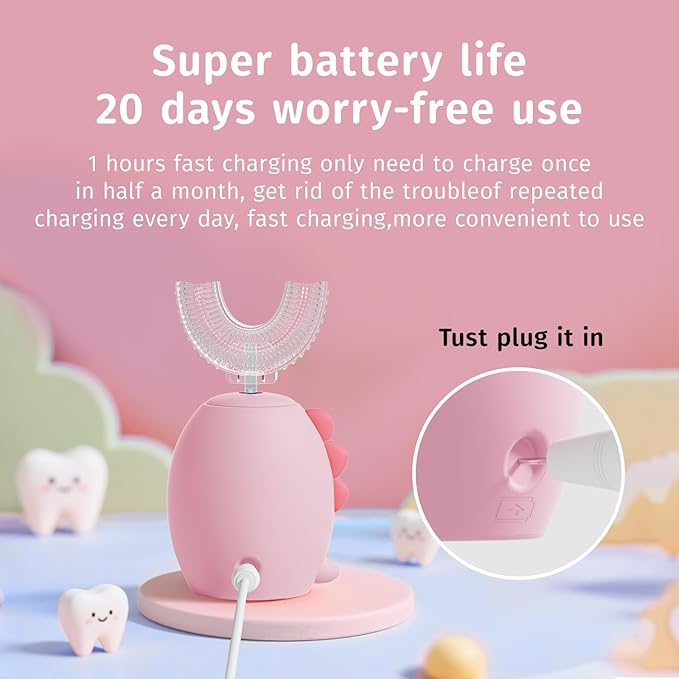 Kids U Shaped Electric Toothbrush，auto Sonic Baby Toothbrush，Cartoon Dinosaur 360-Degree Cleaning IPX7 Waterproof Design*（2-7y）