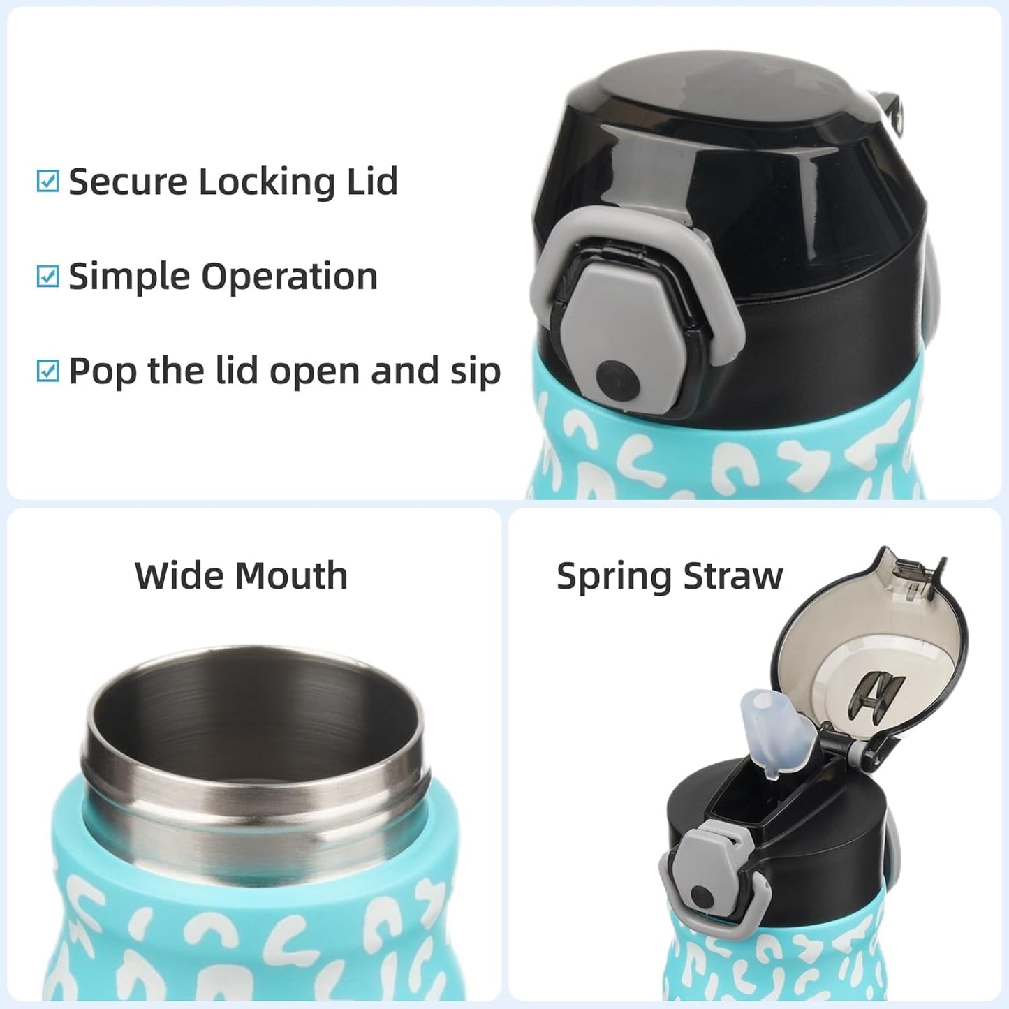 Insulated Water Bottle with Straw and Carry Loop,18 oz Stainless Steel Double Wall Vaccum Metal Water Flask with Leak-proof Lid,Blue Leopard