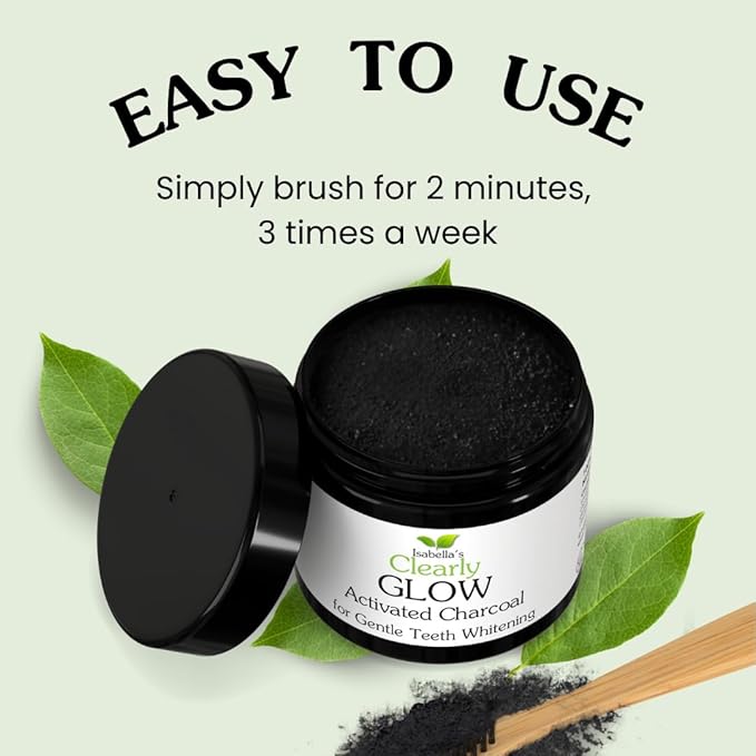 Glow Teeth Whitening Kit (4 Piece) | Pure Food Grade Activated Charcoal Powder + Bamboo Ultra Soft Toothbrush + Copper Tongue Cleaner + Eco Canvas Gift Bag