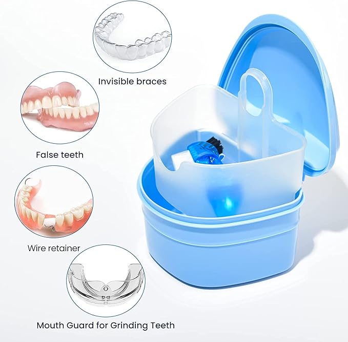 Y-Kelin Denture Retainer Cleaner Kit, Denture Cleaning Case with Denture Brush (Blue)