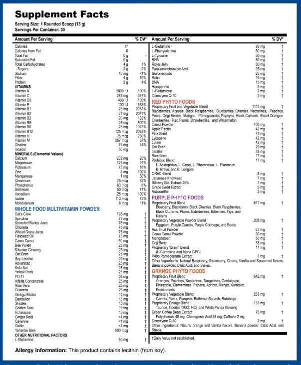 LifeSource Vitamins Ultra Multi Vitamin & Mineral Powder w/Phytos Reds Phyto Purples and Phyto Oranges - 30 Day Supply