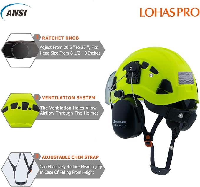 LOHASPRO Arborist Forestry Helmet Safety Hard Hat with Visor and Ear Muffs for Tree Service Logging Cutting Wood Chainsaw Helmet Garden Work Trimming Mowing(P91 Lime+Clear Visor+Earmuff)