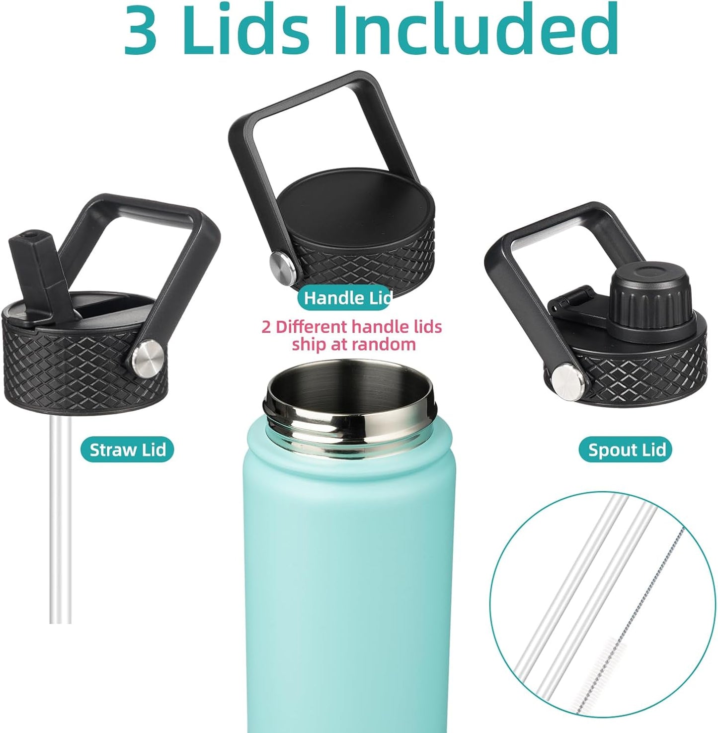 Insulated Water Bottle with Straw,18oz 3 Lids Metal Bottles Stainless Steel Water Flask,Turquoise