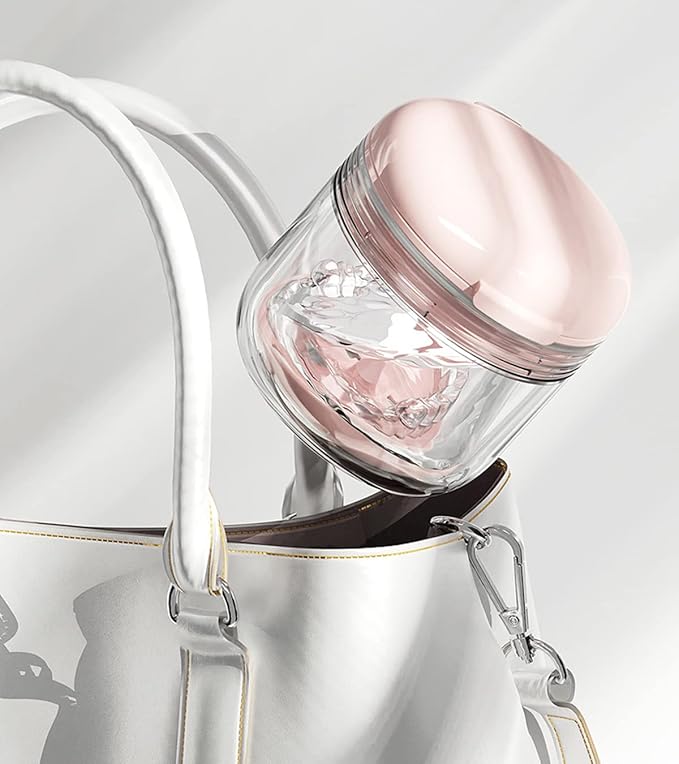 MURRI&MURRDI Retainer Mouth Guard Soak Container Box, Denture Bath Case with Strainer Basket, Braces Cleaner Cup Leak Proof, Travel Cleaning Storage Holder for Invisalign Aligners Dental, Pink