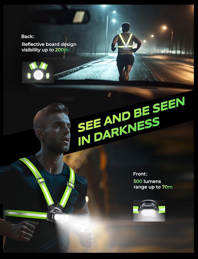 500LM High-Visibility Running Lights for Runners with 7 Modes, Adjustable 45° Beam, 360° Reflective Vest & IPX4 Waterproof Running Vest for Night Walking/Cycling/Jogging, 3.5-20Hrs Runtime