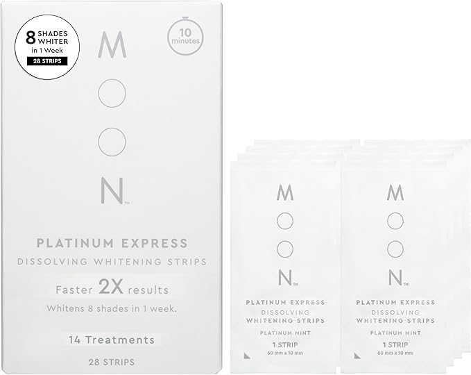 MOON Dissolving Teeth Whitening Strips, 28 Platinum Express No Rinse White Strips, Winter Mint, Hydrogen Peroxide & Essential Oils, Whiten Sensitive Teeth up to 8 Shades in 1 Week, Travel Essentials