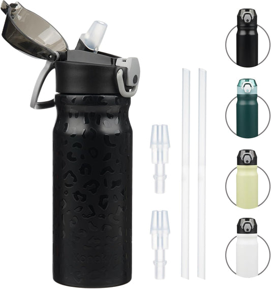 Insulated Water Bottle with Straw and Carry Loop,18 oz Stainless Steel Double Wall Vaccum Metal Water Flask with Leak-proof Lid,Black Leopard