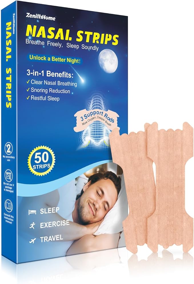 50 Count Nasal Strips for Snoring, ZenithHome New Upgraded 3 Spring Bands Nose Strips for Breathing, Snoring Solution for Sports and Sleep, Help Stop Snoring and Nasal Congestion Relief (66mm*22mm)