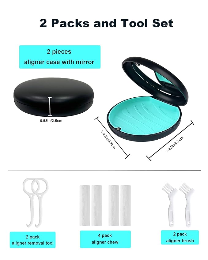 2 Pack Retainer Case with Mirror Kits, Aligner Case Compatible with Invisalign, Slim Night Guard Cases with Aligner Removal Tool, Brush and Chew, Black(Blue+Cyan Silicone)