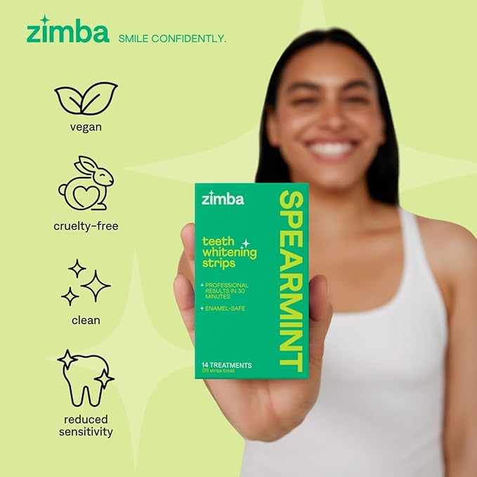 Zimba Spearmint Flavored Teeth Whitening Strips | Vegan, Enamel Safe Hydrogen Peroxide Teeth Whitener for Coffee, Wine, Tobacco, and Other Stains | 14 Day Treatment | Spearmint