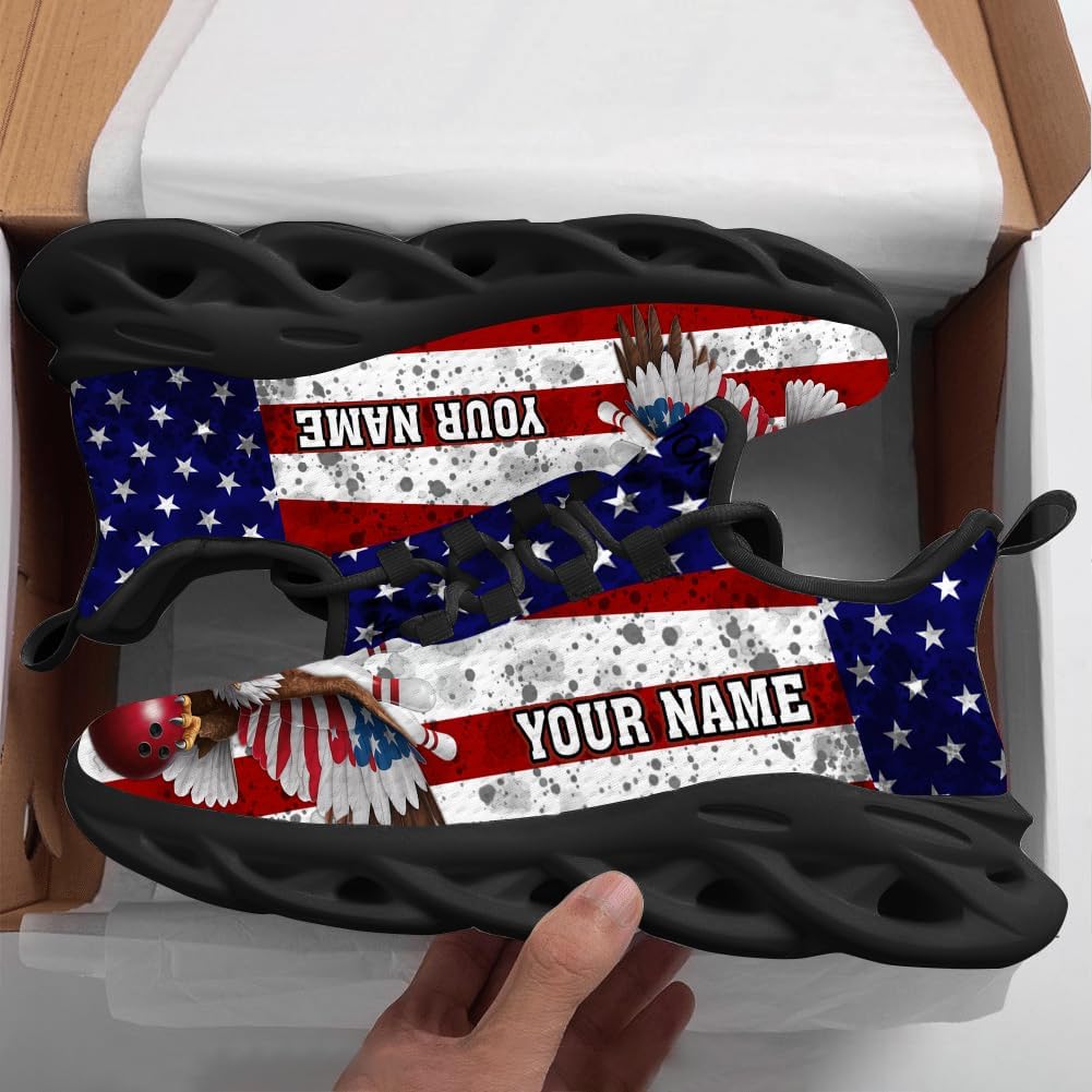 3D Printed Sports Shoes with Bowling-Themed Pattern, Eagle Flag Custom Shoes for Bowler and Bowling Team