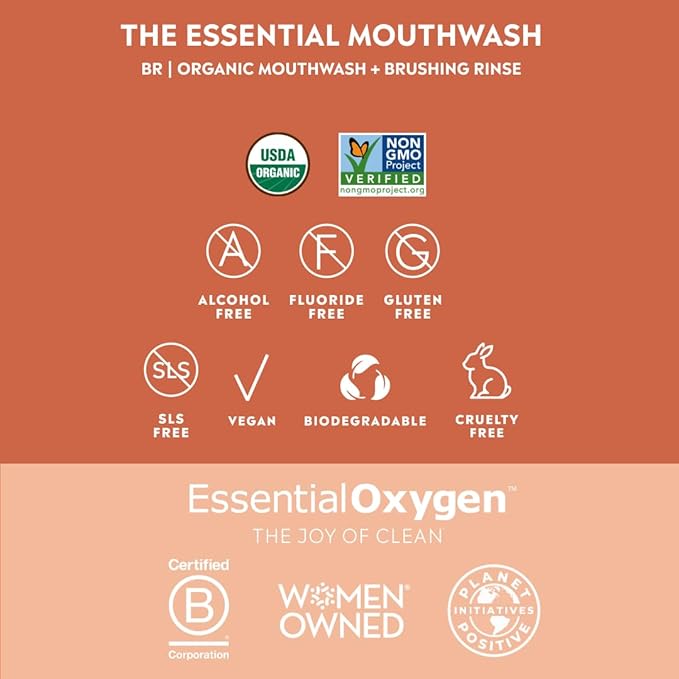 Essential Oxygen BR Certified Organic Brushing Rinse, All Natural Mouthwash for Whiter Teeth, Fresher Breath, and Happier Gums, Alcohol-Free Oral Care, Cinnamint, 2 Piece Set, 16 Oz