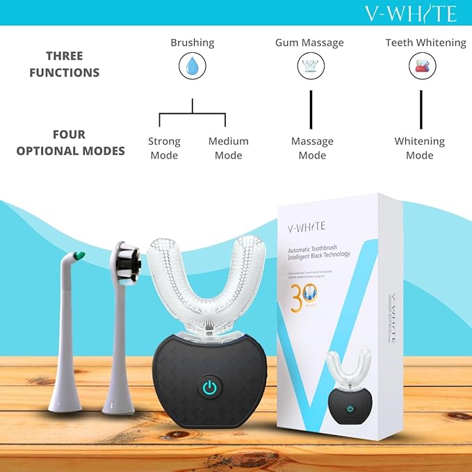 V-WHITE Ultrasonic U-Shaped Toothbrush for Teeth Whitening, Electric Toothbrush For Adults - 360° Mouth Cleansing, Hands Free Gums Protection - Wireless Charging & LED Light -Waterproof IPX7 Certified