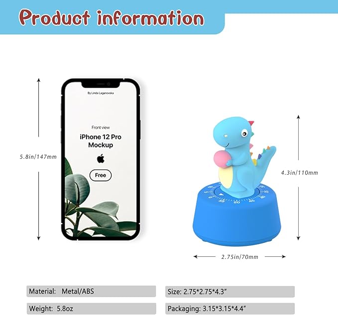 60 Minutes Mechanical Kitchen Timer,Cute Dinosaur Timer for Kids,Wind Up Egg Timer for Cooking,Reading,Classroom and Do Sports. (Sky Blue)